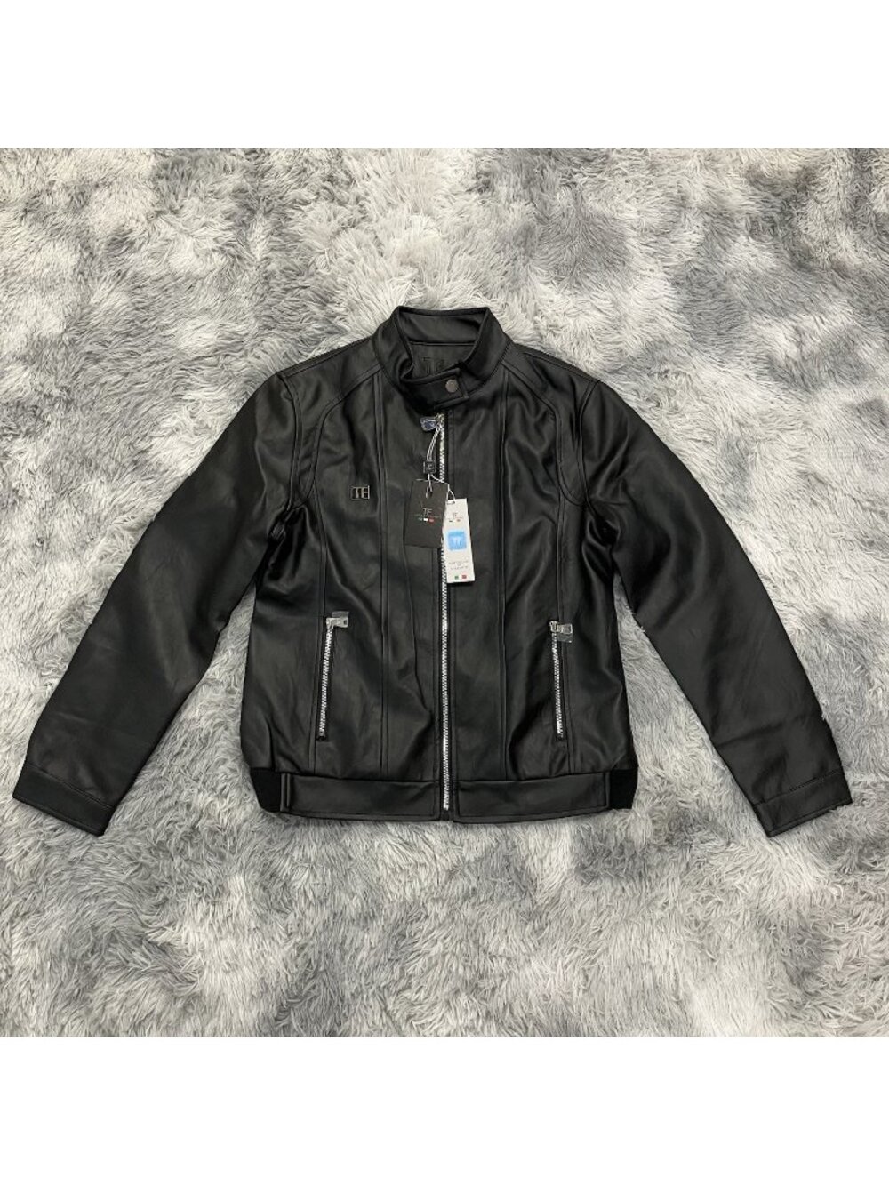 TF Collections Black Faux Leather Bomber Jacket Mens M New w/Tags